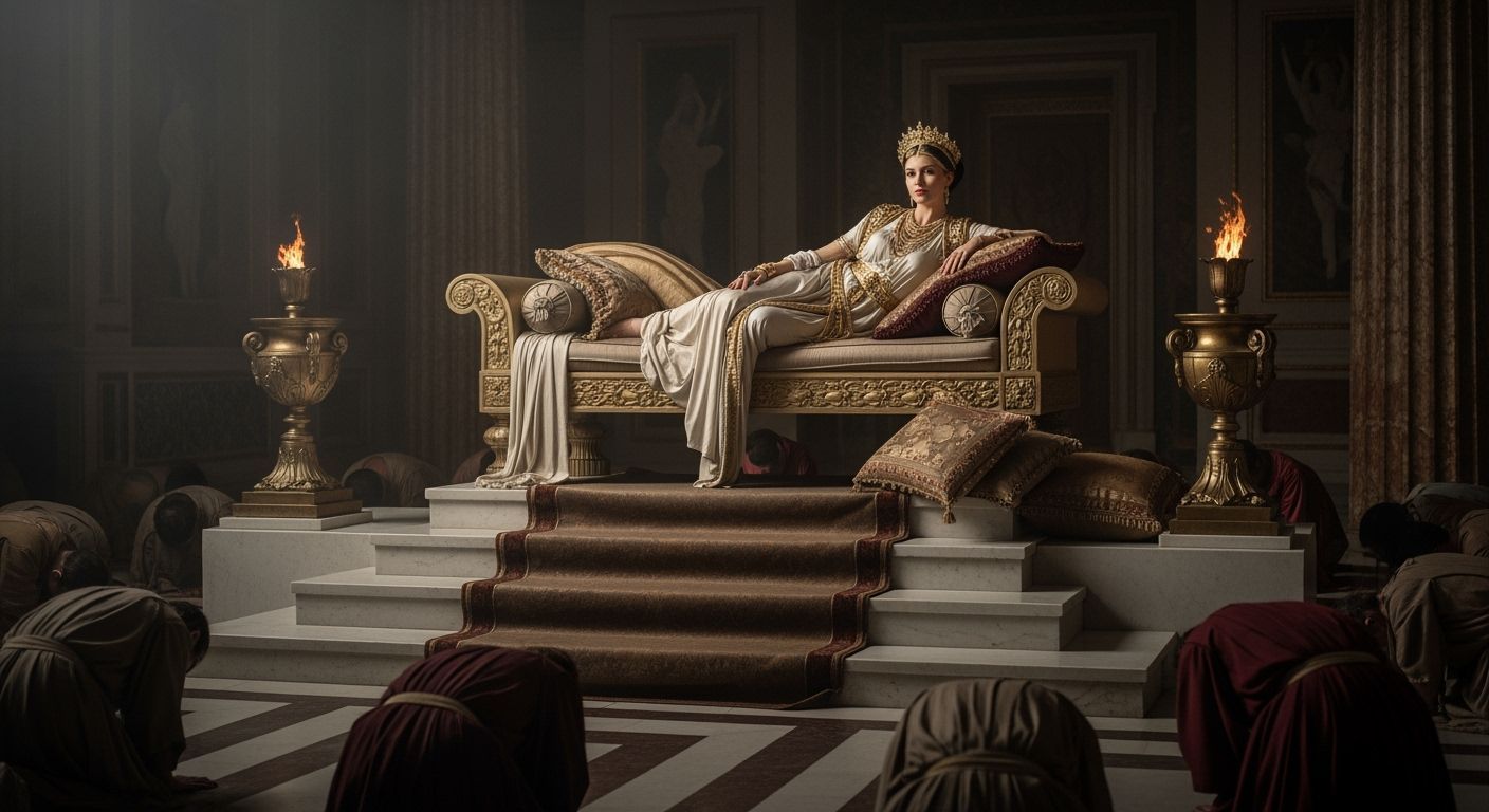 Regal Roman Empress in Imperial Palace Throne Room