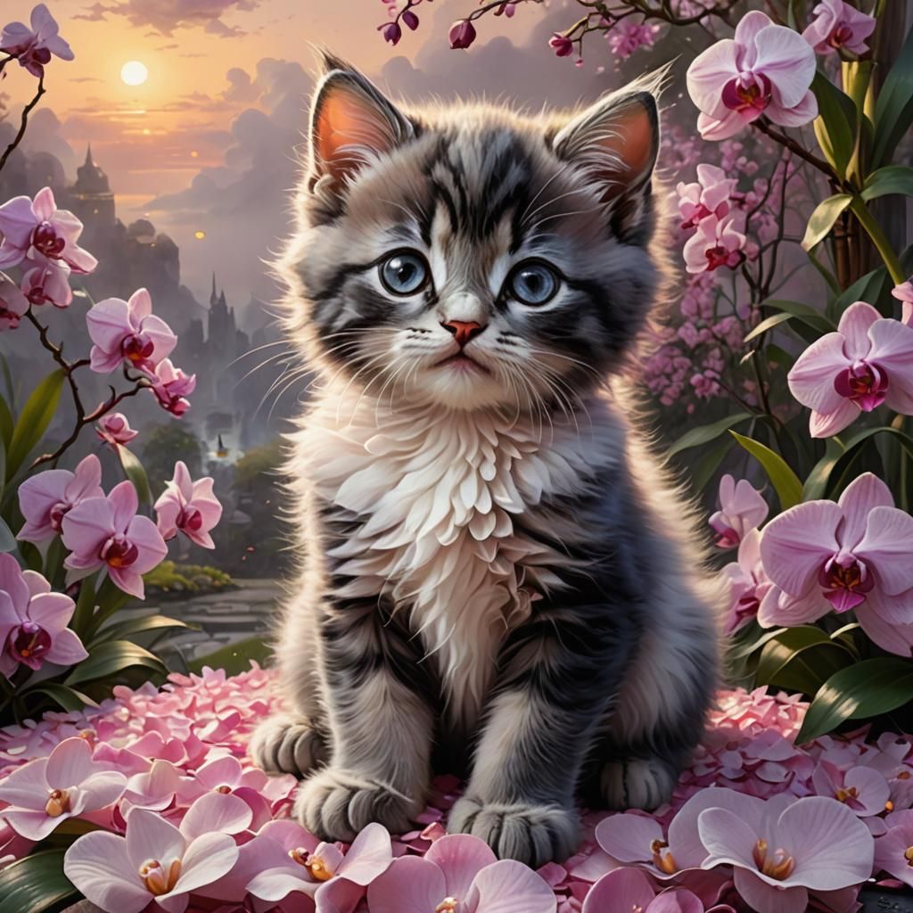 Adorable Kitten in Sunset, Hyper-Realistic Style