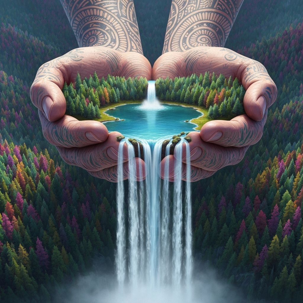 Waterfall Cascading From Human Hands, Detailed Concept Art
