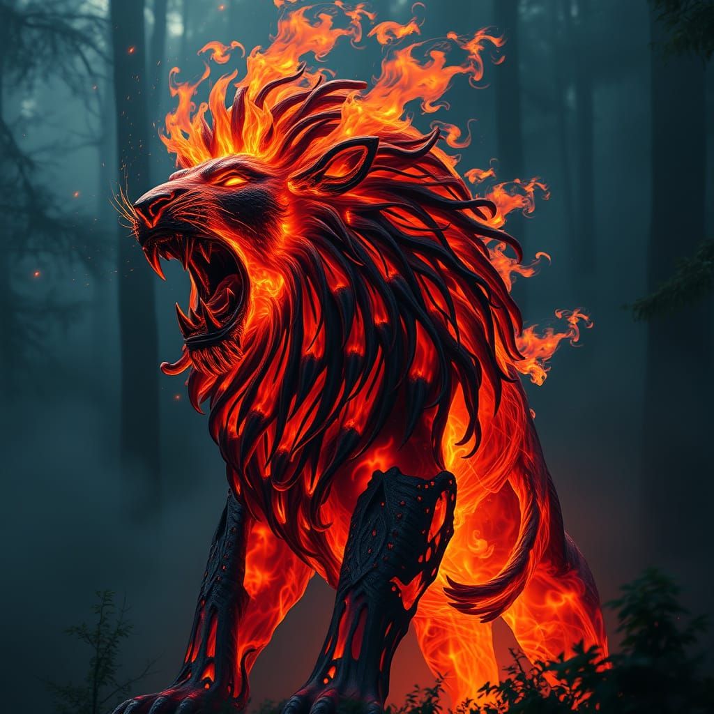 Surreal Lion of Blazing Fire in Dark Forest Realism