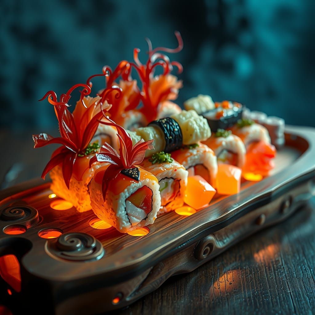 Surreal Cosmic Sushi Presentation in Hyperrealistic Style