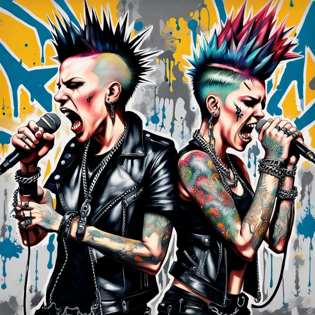 A couple of grunge punk rock teenagers with spiked mohawks, tattoos, and dressed in black leather and shiny chains screa...