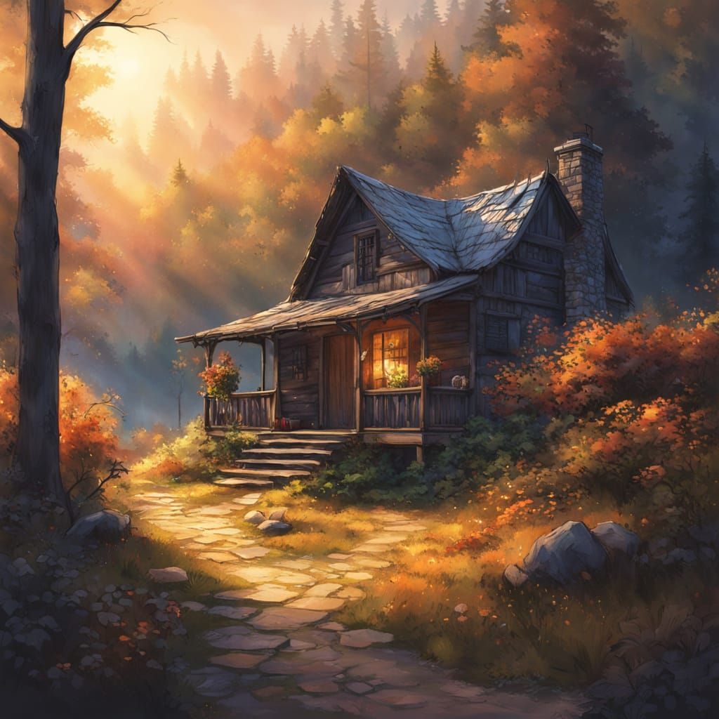 Whimsical Watercolor Cabin in Sunset Woods