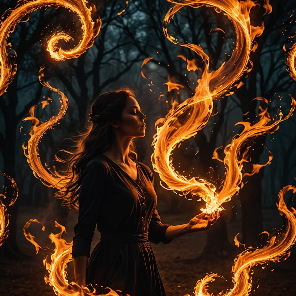 Ethereal Woman Creates Fiery Vortex in Dark Fantasy