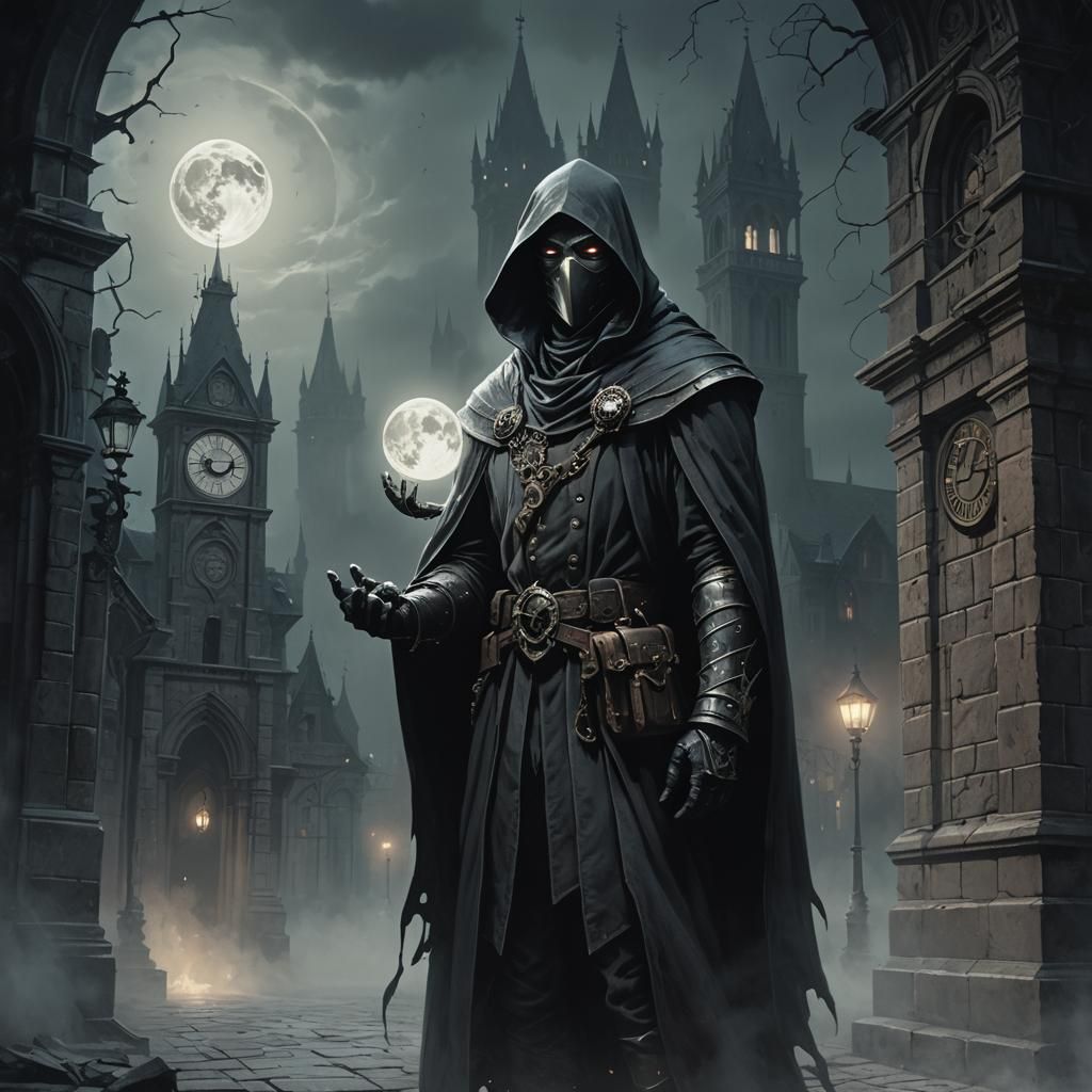 Brooding Cloaked Hero on Clock Tower in Dark Fantasy Art