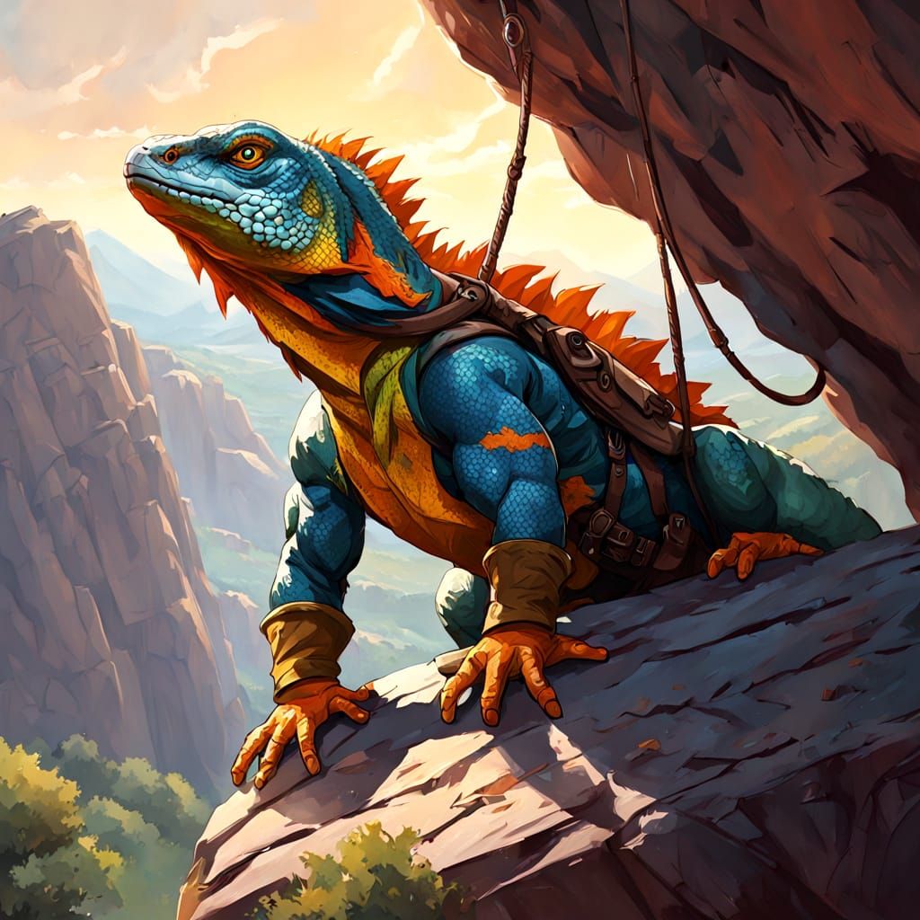 Vibrant Lizard Hero Climbs Jagged Cliff in Epic Landscape