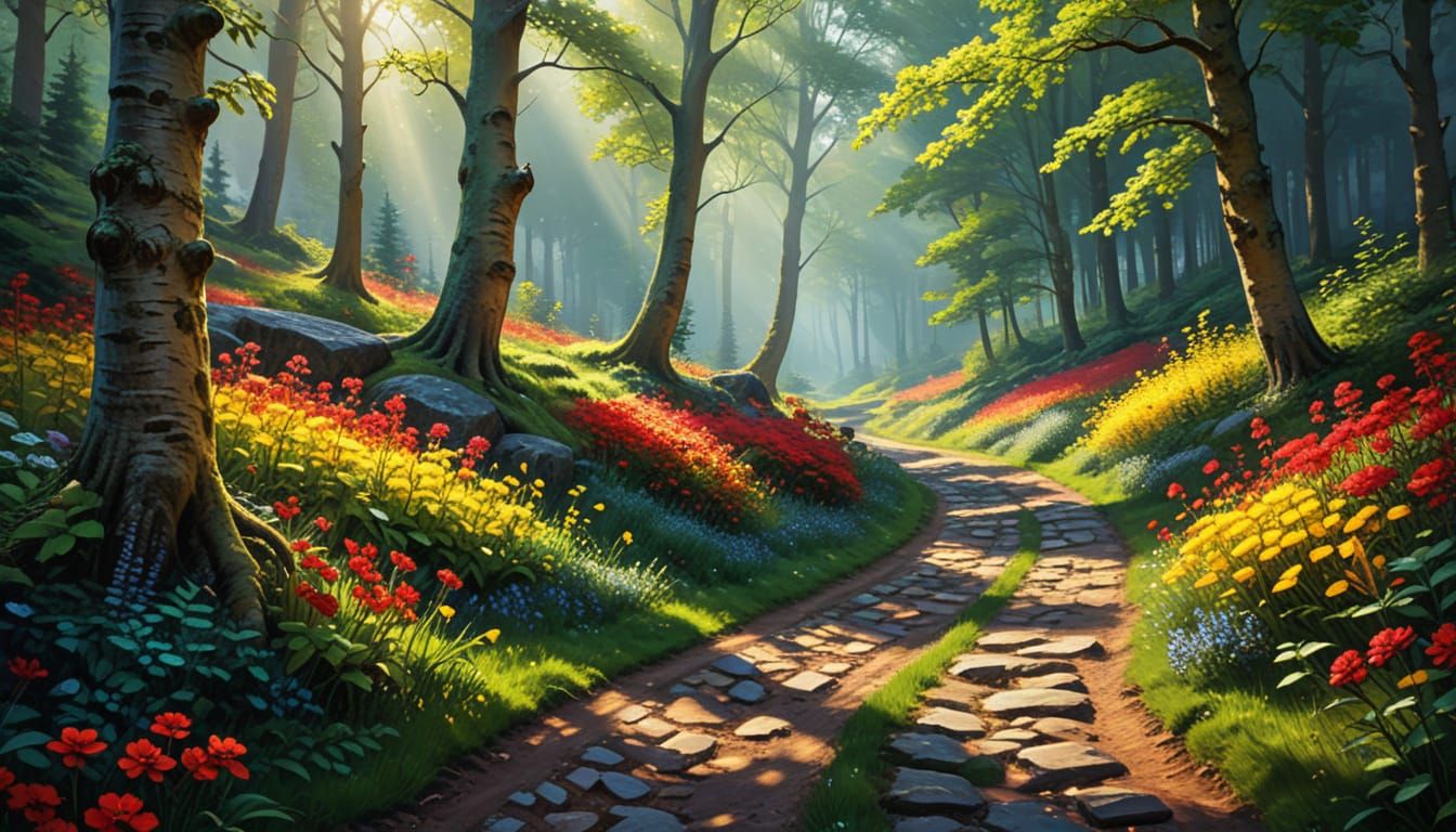 Vibrant Oil Painting of a Forest Path with Flowers