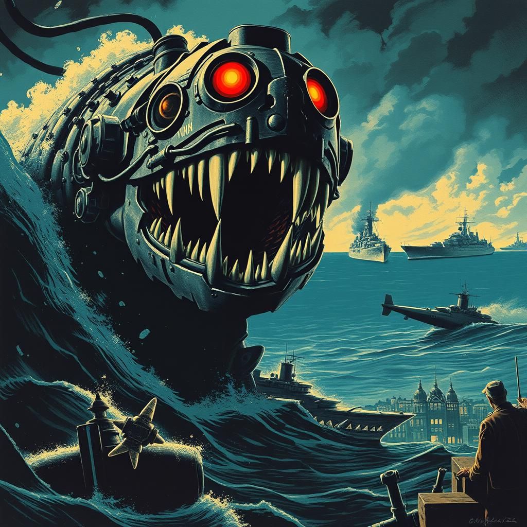 Menacing Mechanical Sea Creature in WW2 Poster Style