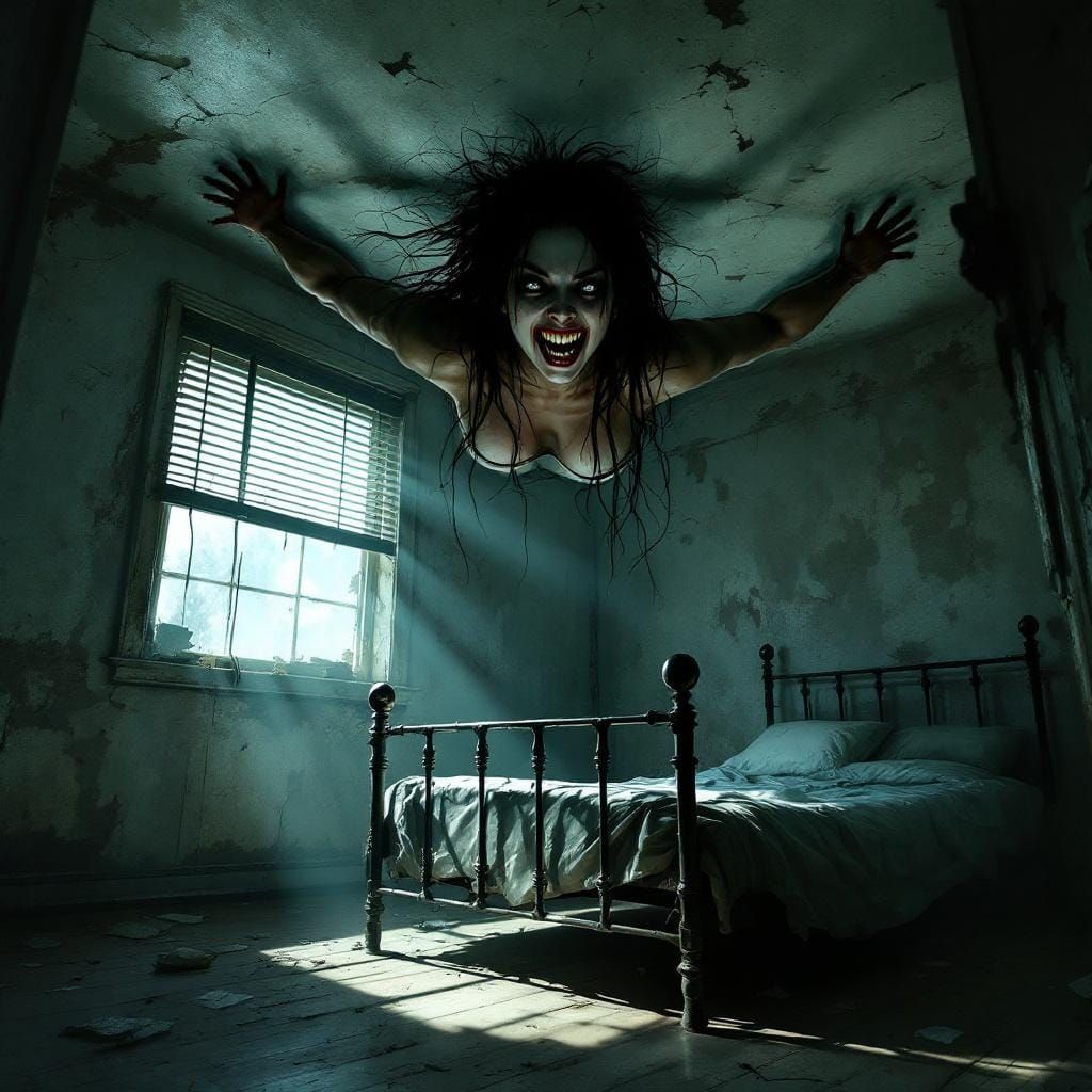 Decaying Bedroom with Possessed Woman: Digital Illustration