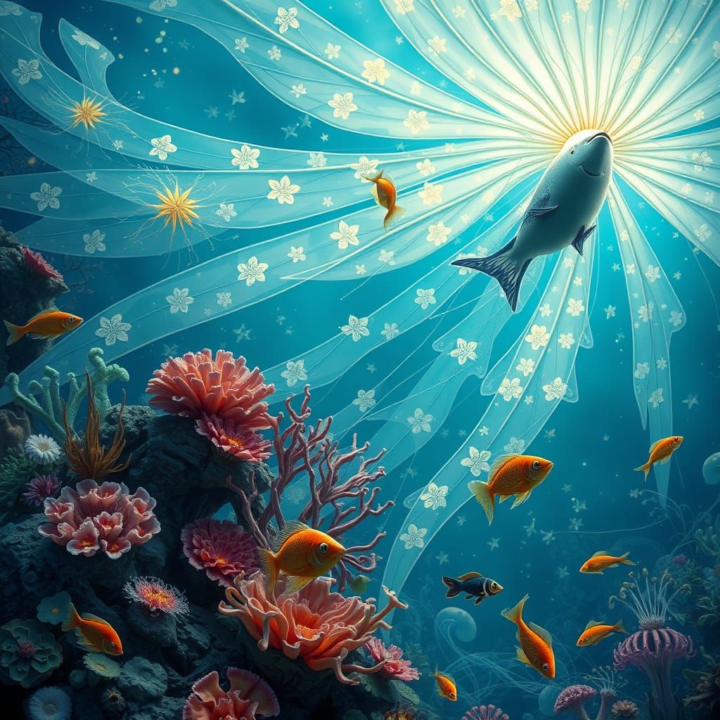 Luminescent Manta Ray in Enchanted Coral Reef