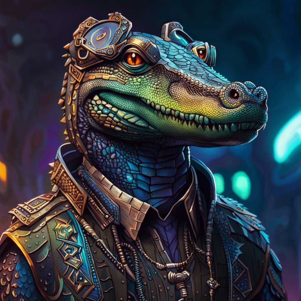 Cyberpunk Alligator Portrait in Detailed Splash Art