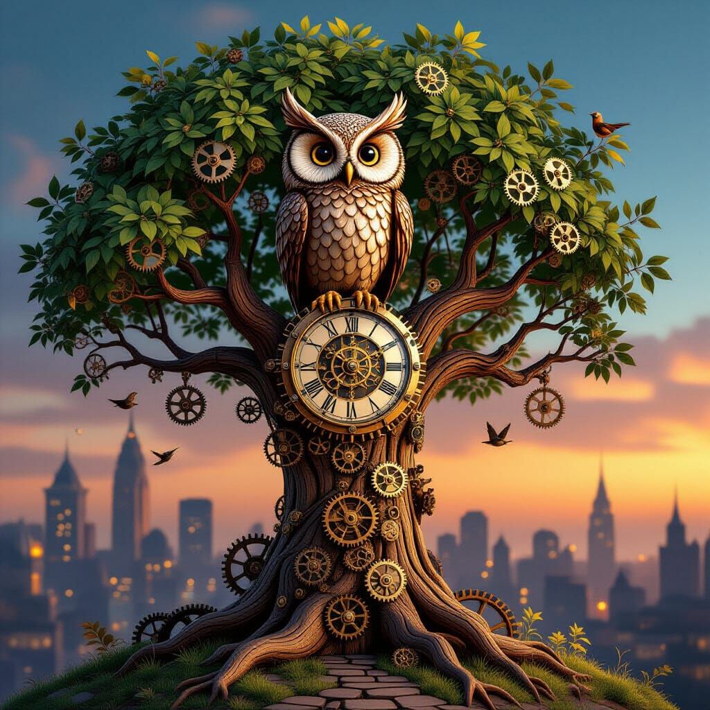 Clockwork Owl on Gear Tree in Steampunk City