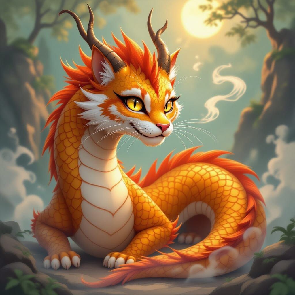 Orange Chinese Dragon with Tabby Cat Head and Yellow Eyes