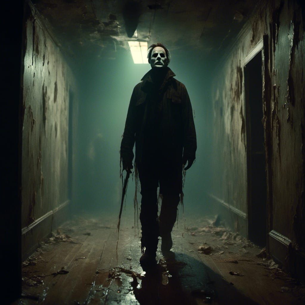 Menacing Figure in Dark Hallway with Ominous Lighting