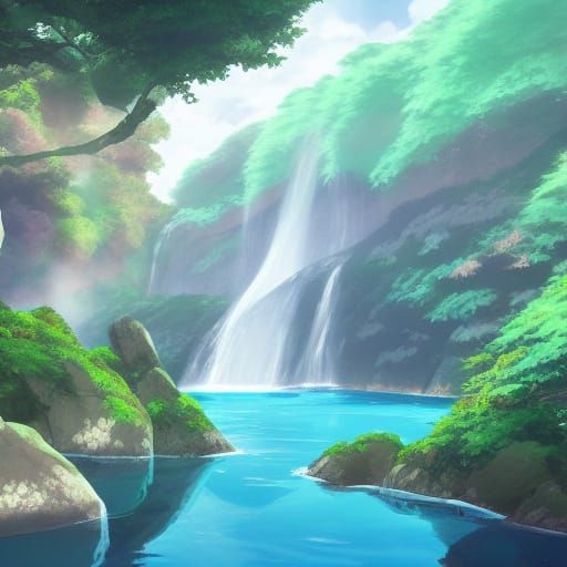 Anime Waterfalls and Mountains in Ghibli Style
