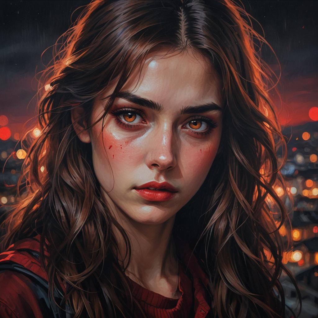 Sad Girl Portrait in Red Night, Oil Painting