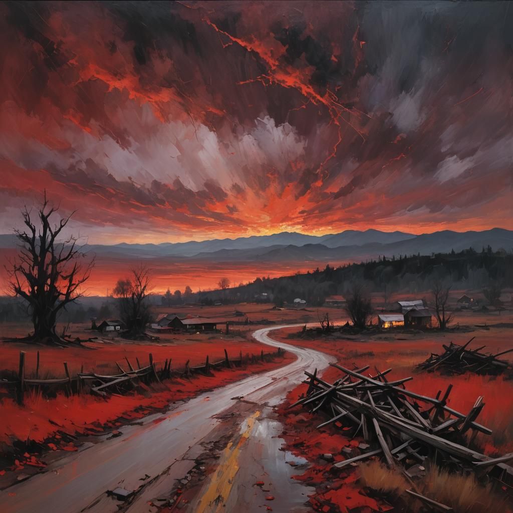 Haunting Red Sky Landscape in Impasto Style
