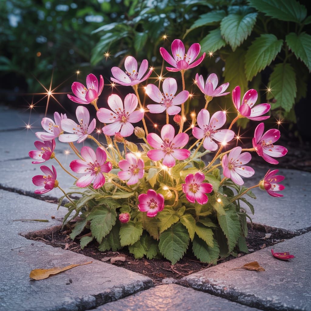 Small cluster of flowers growing in a crack of a gray concre...
