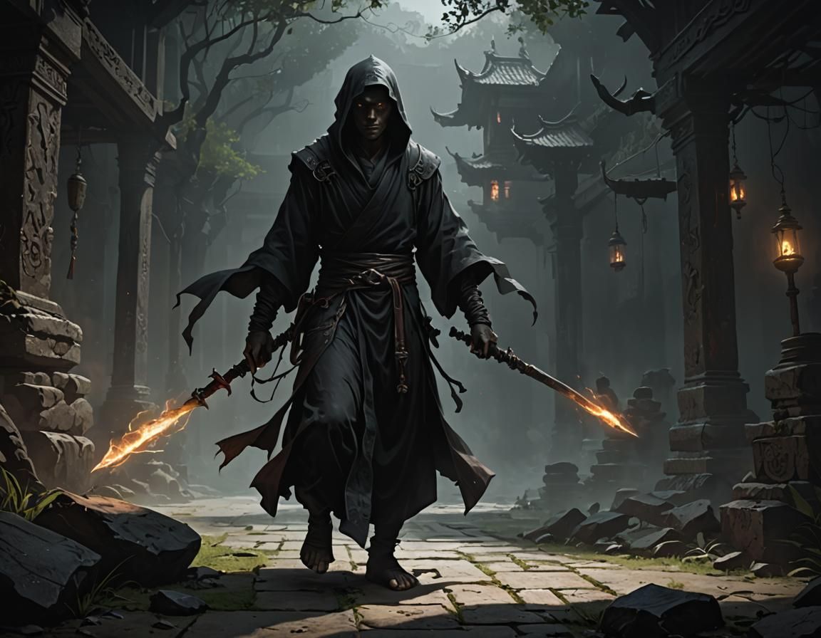 Blind Shadow Monk in Dark Fantasy Training
