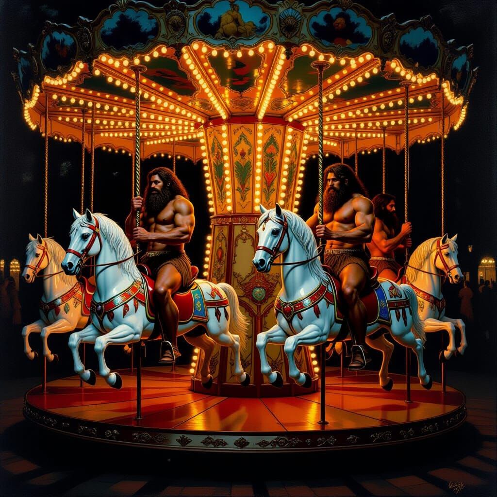 Pre-Raphaelite Cavemen Ride Carousel on Dark Night