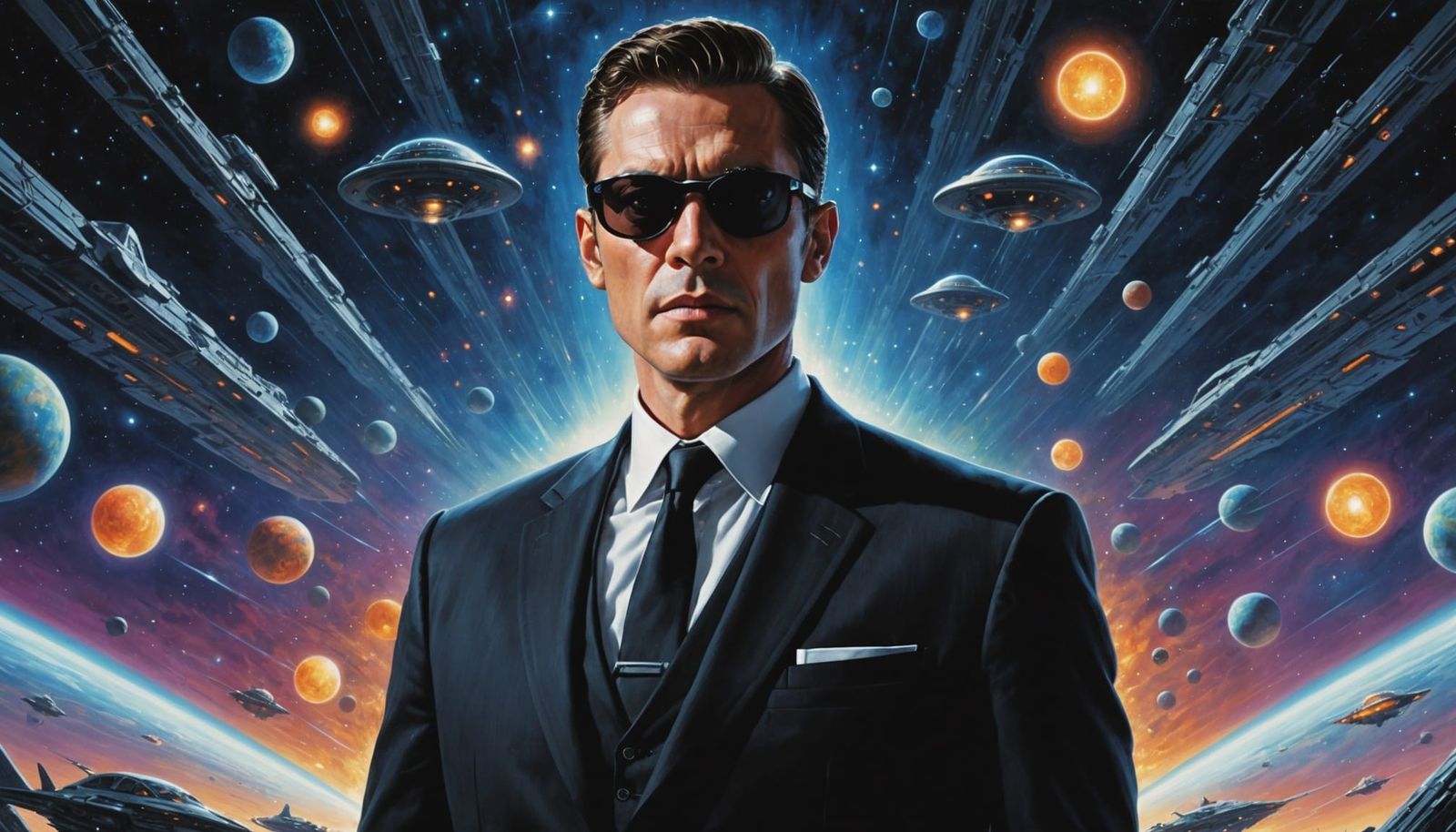 Surreal Men in Black Portrait with UFO