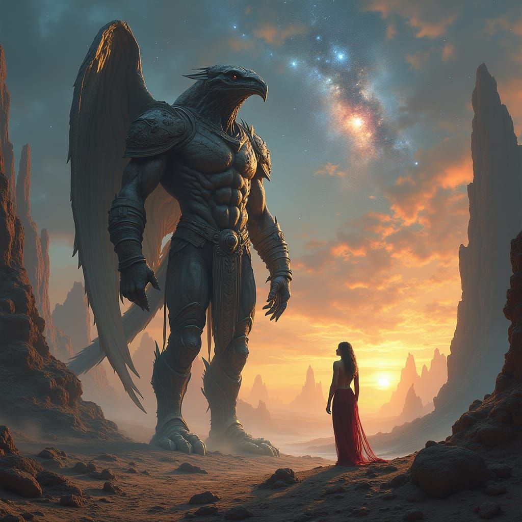 Colossal Valkyrie on Alien Planet at Sunset