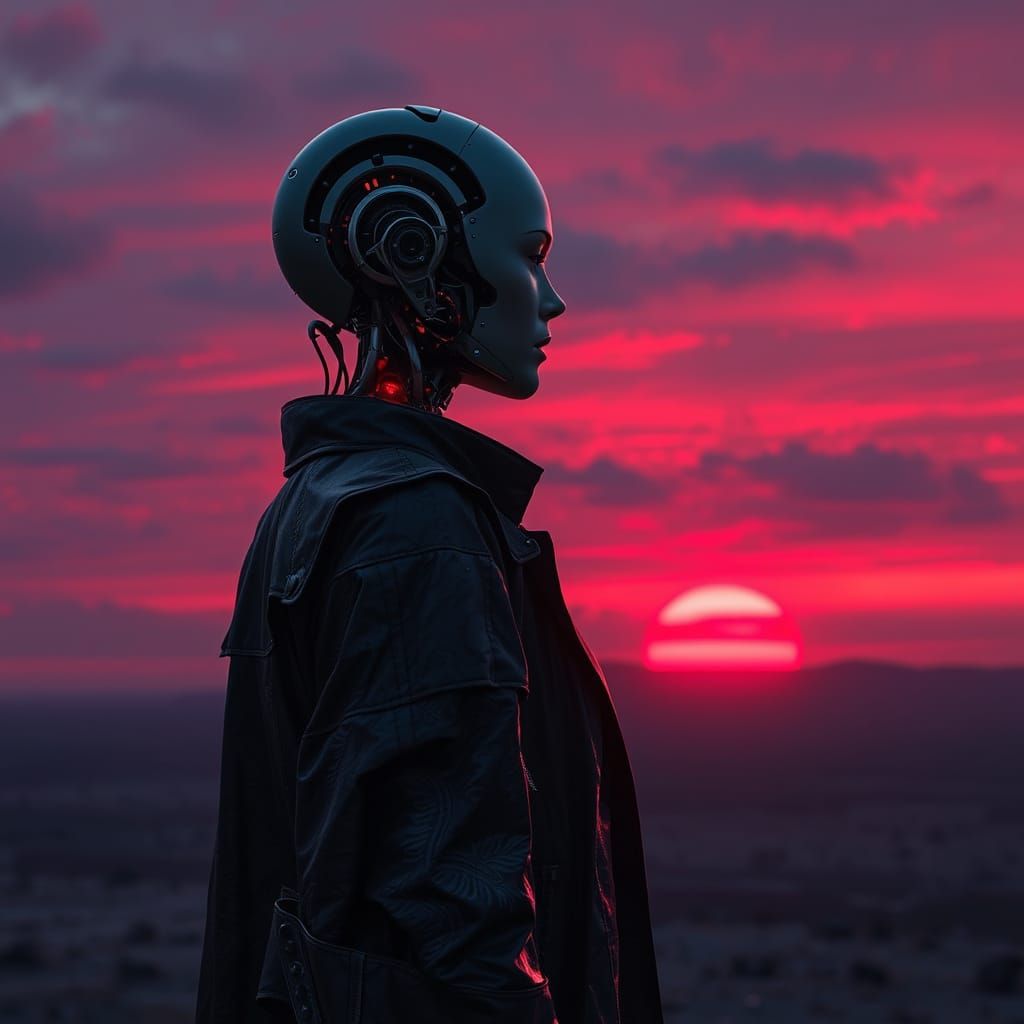 Robot in Dystopian Sunset, Photorealistic Style