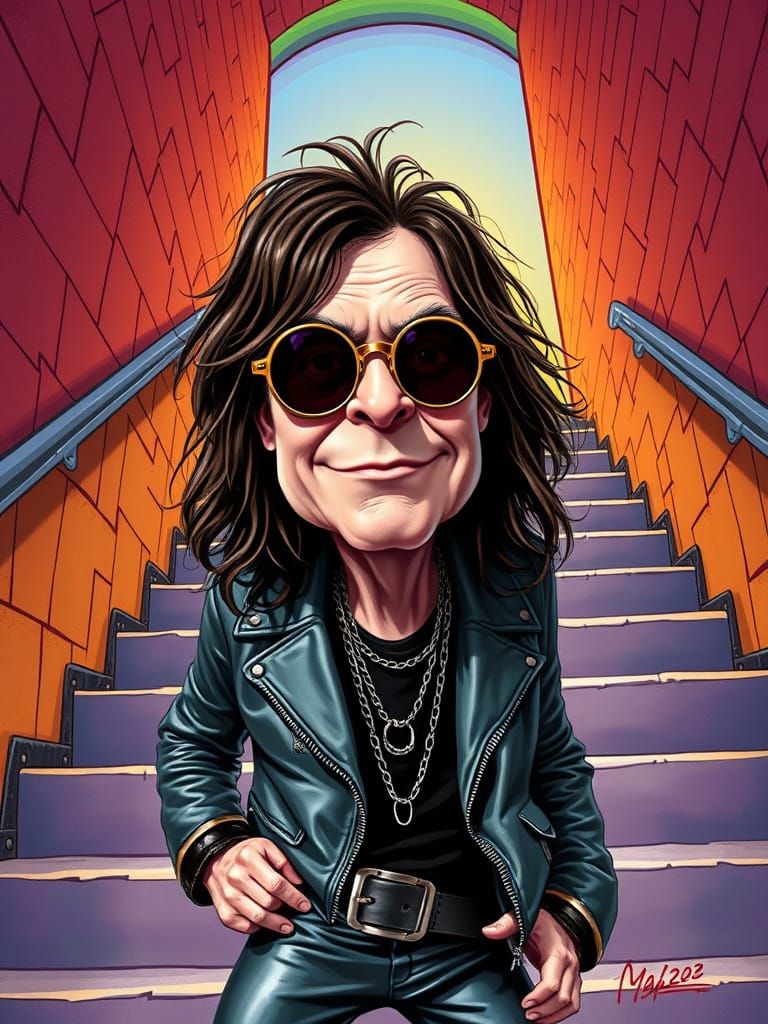 Ozzy Osbourne Caricature with Rainbow Backdrop