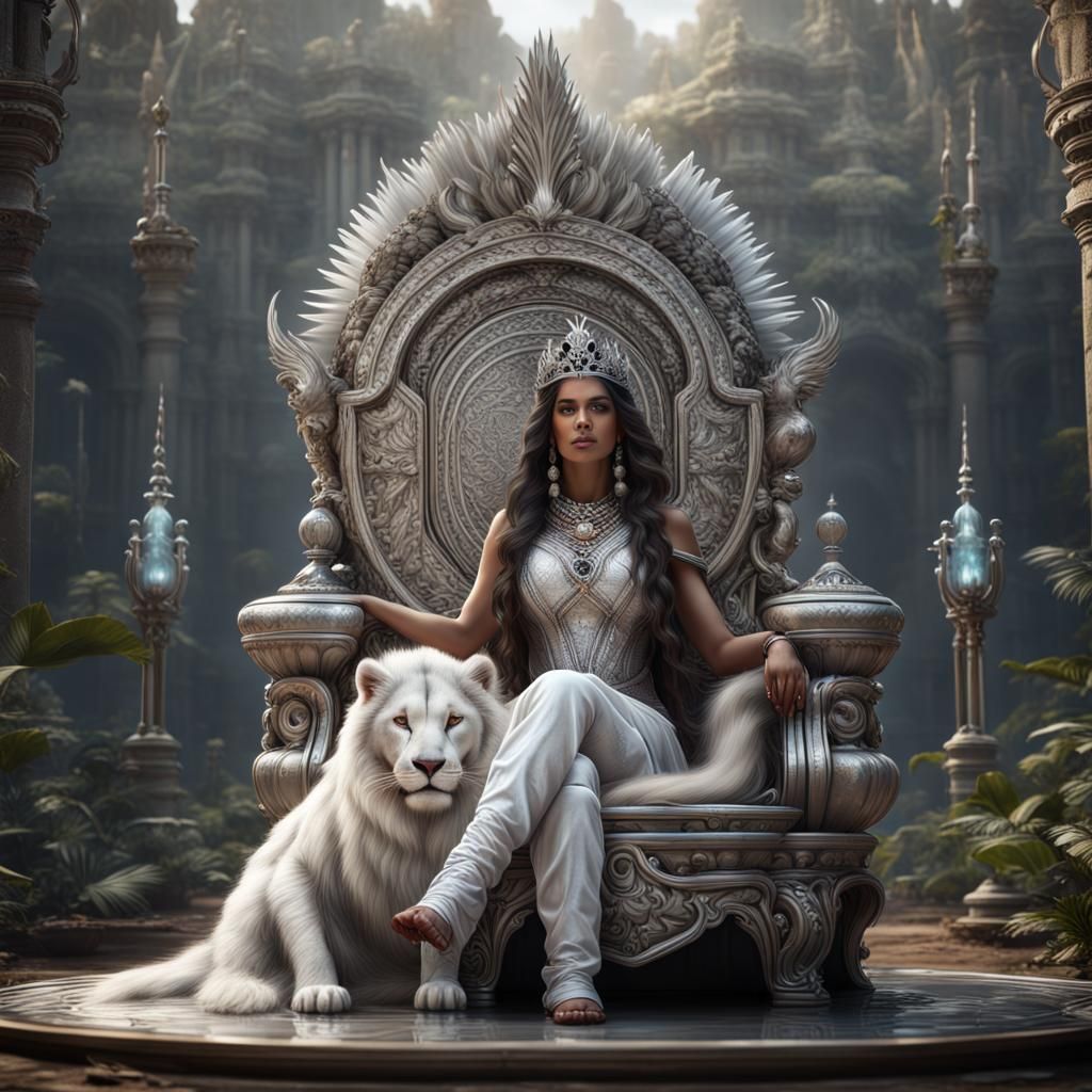 Amerindian Queen on Bubble Throne with White Lions