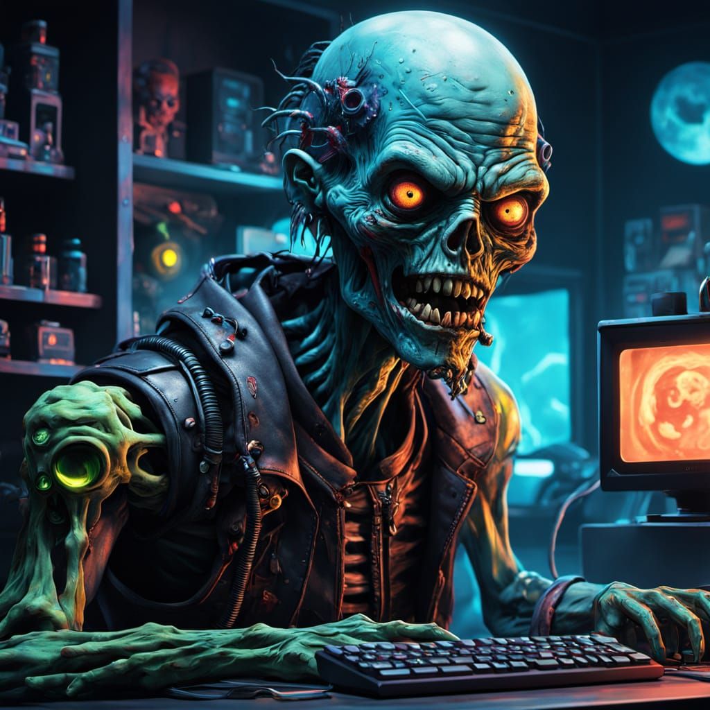 Hyper-Realistic Zombie Gamer Scene in Cyberpunk Style