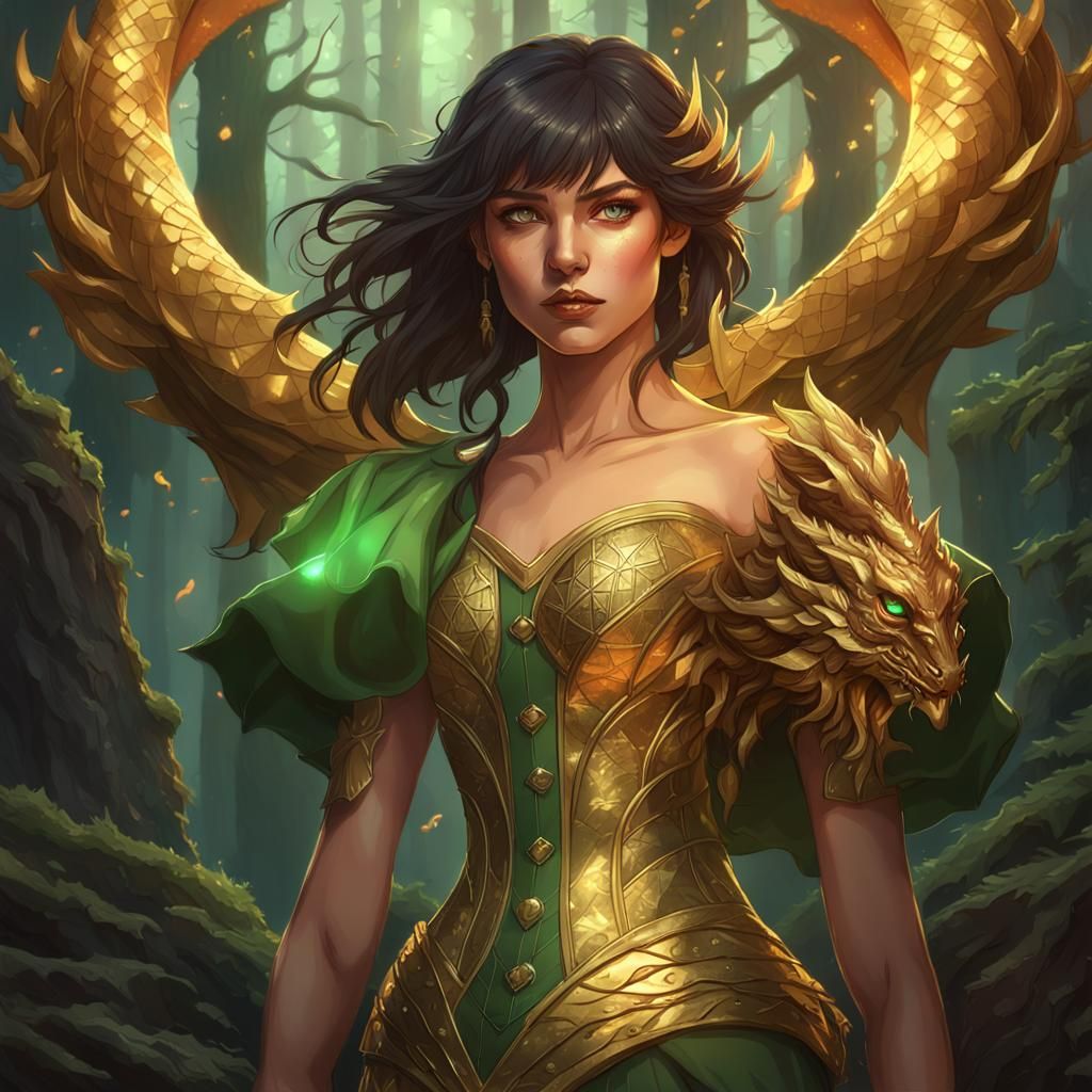 Girl with Golden Dragon in Burnt Forest, Digital Art