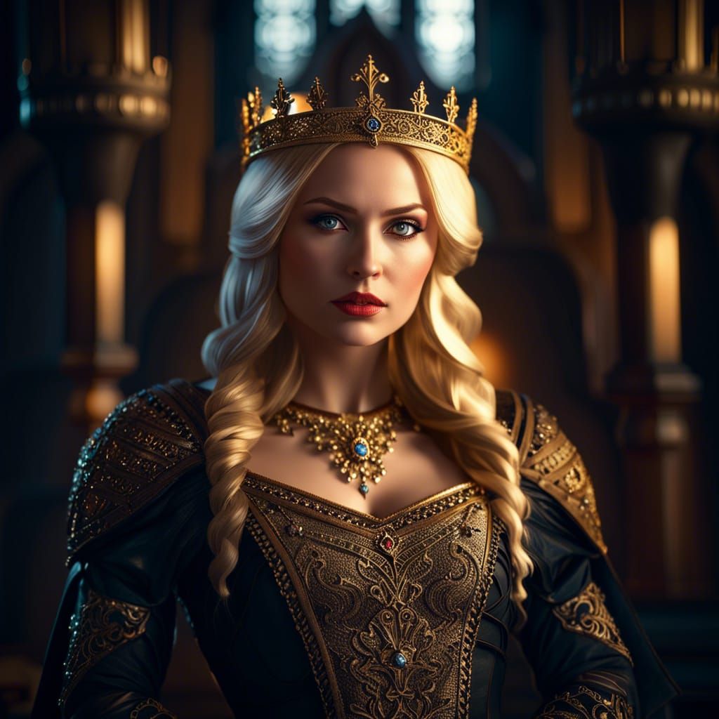 Medieval Blond Queen on Throne in Hyperrealistic Style
