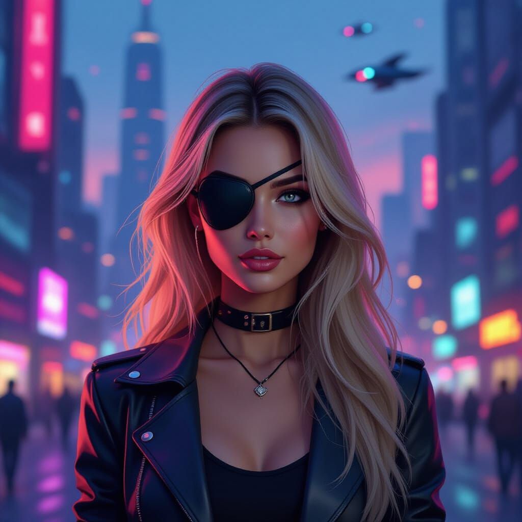 Blonde Woman with Eyepatch in Futuristic Neon City