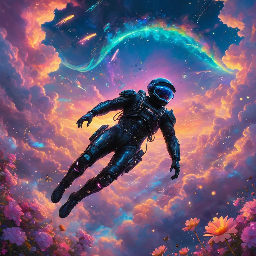 Cyberpunk Astronaut in Dreamy Floral Sky