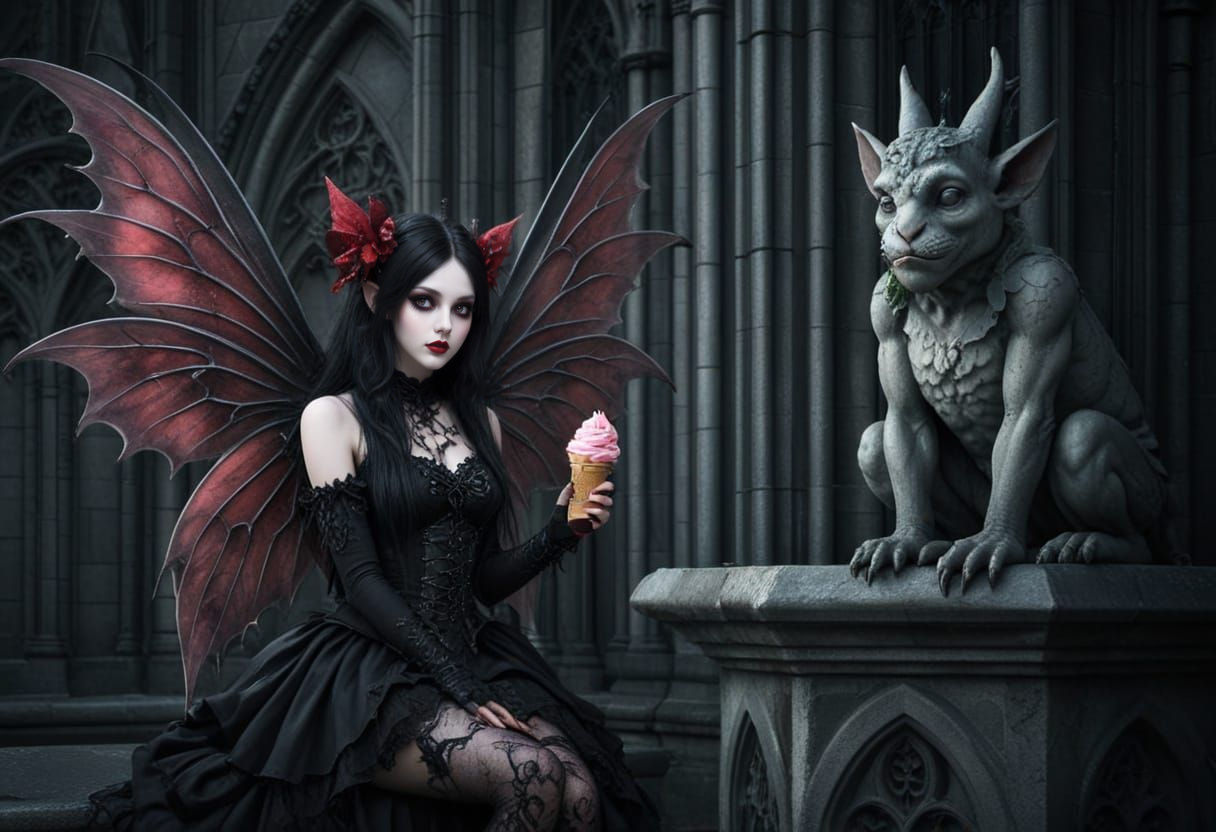 Gothic Fairy Savoring Strawberry Ice Cream with Gargoyle Fri...