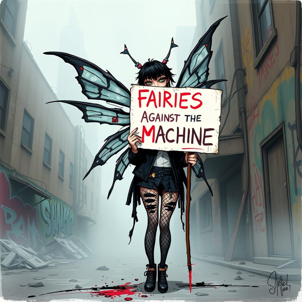 Goth-Punk Fairy Protests in Foggy City Street
