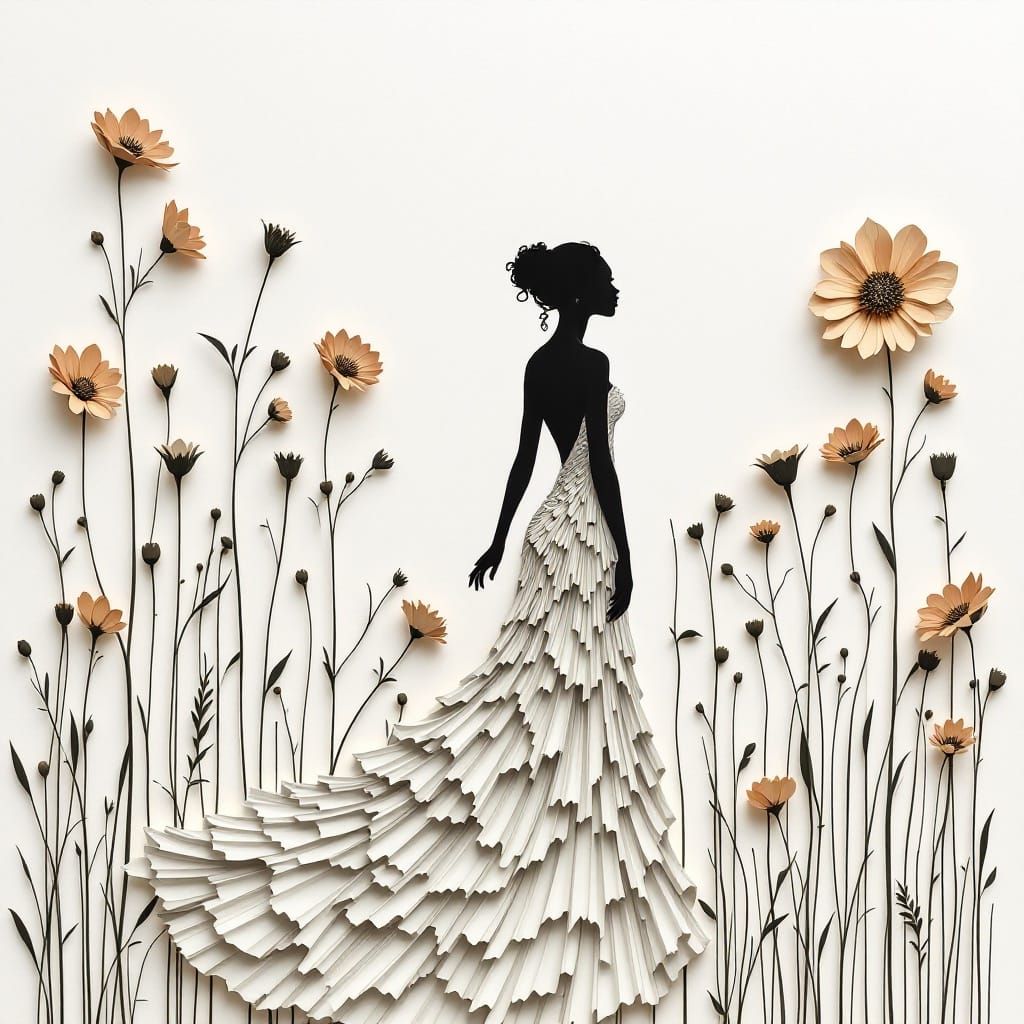 Elegant Woman in Cut Paper Landscape with Delicate Flowers