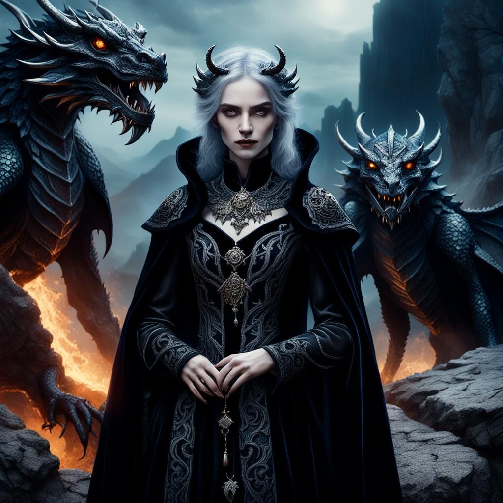 Gothic Witch with Dragons on Misty Cliff