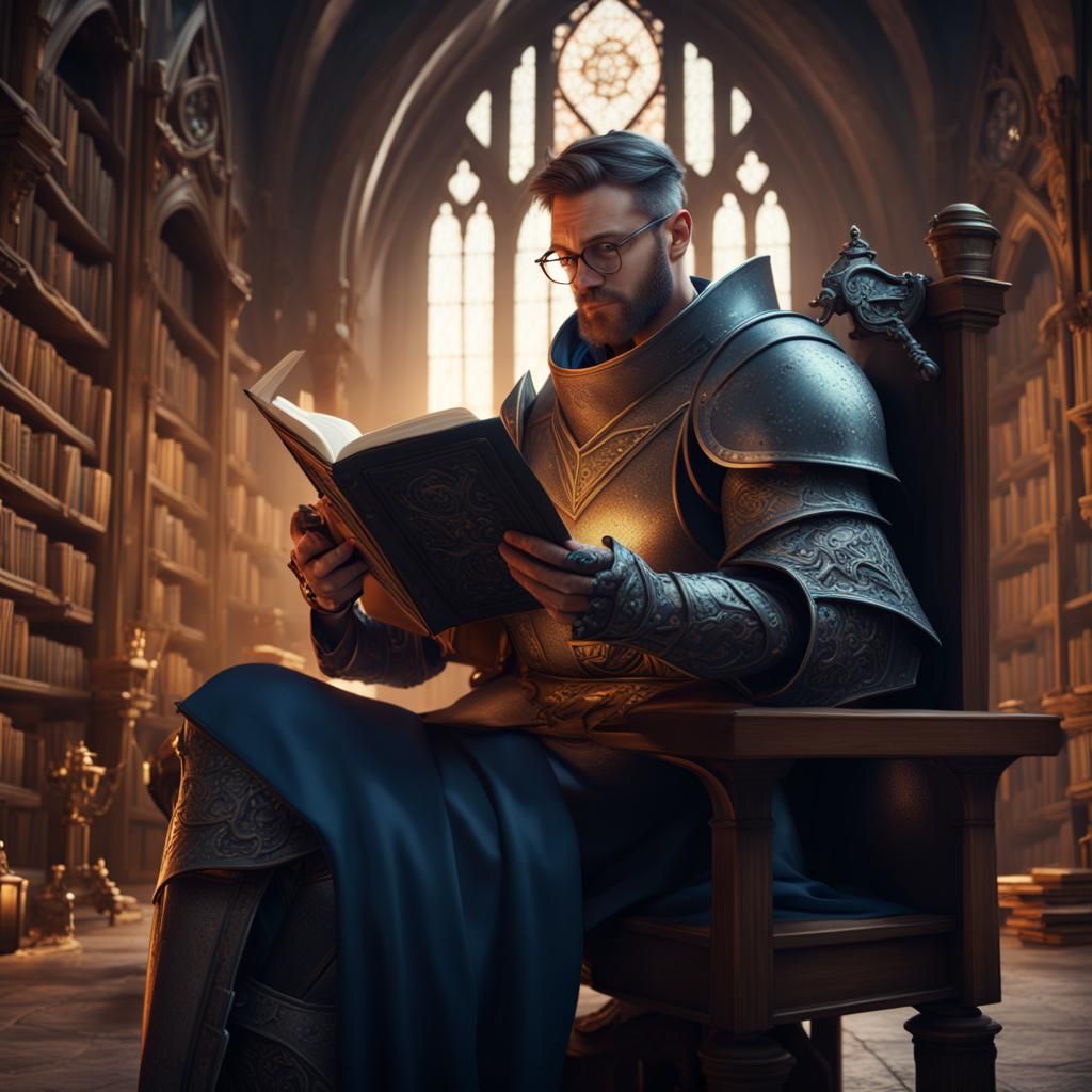 Knight Reads Book in Wizard Study
