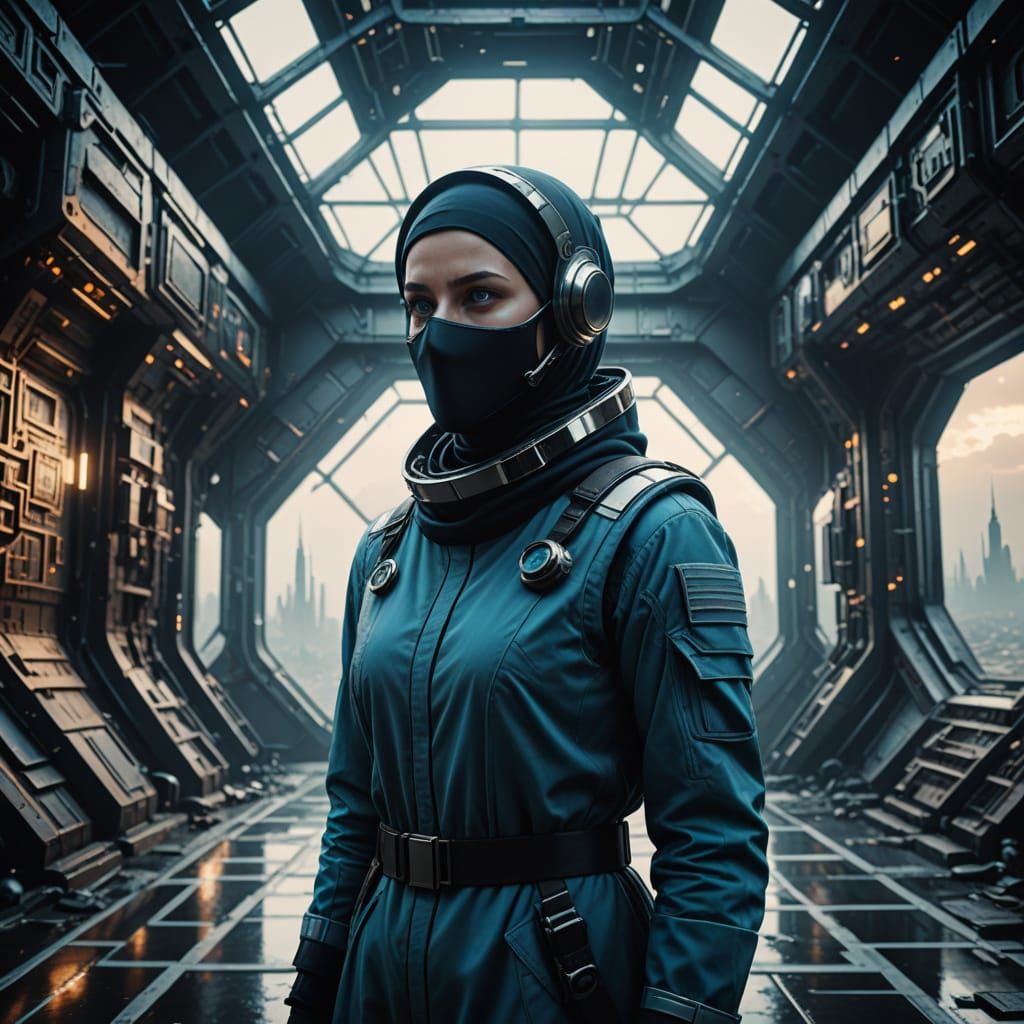 Elegant Space Officer in Retro-Futuristic Colony