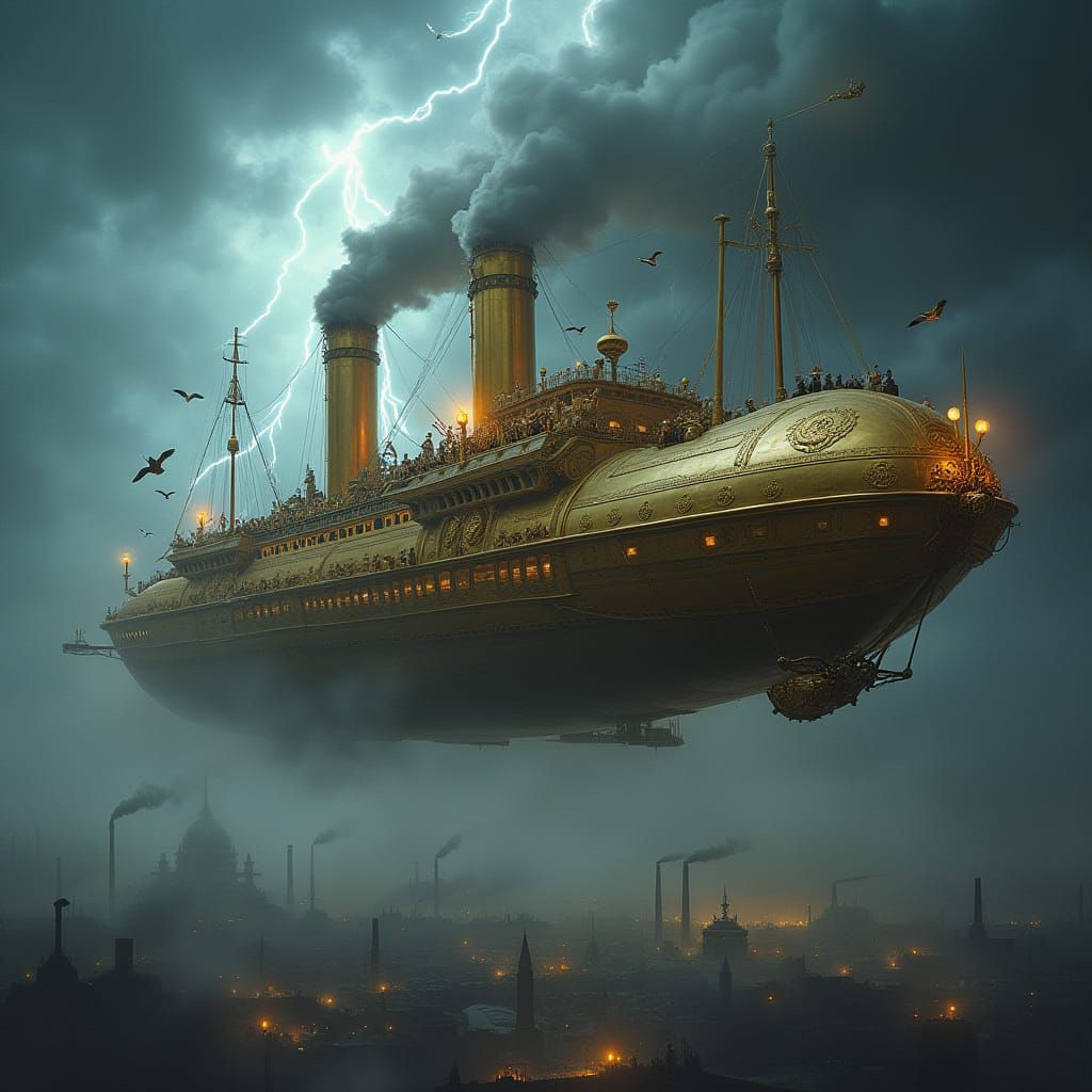 Grand Victorian Airship Soars Through Tempestuous Sky