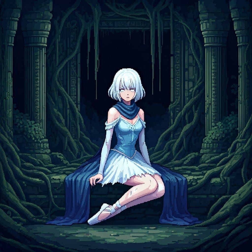 Mystical Princess Amidst Ancient Ruins in Pixel Art
