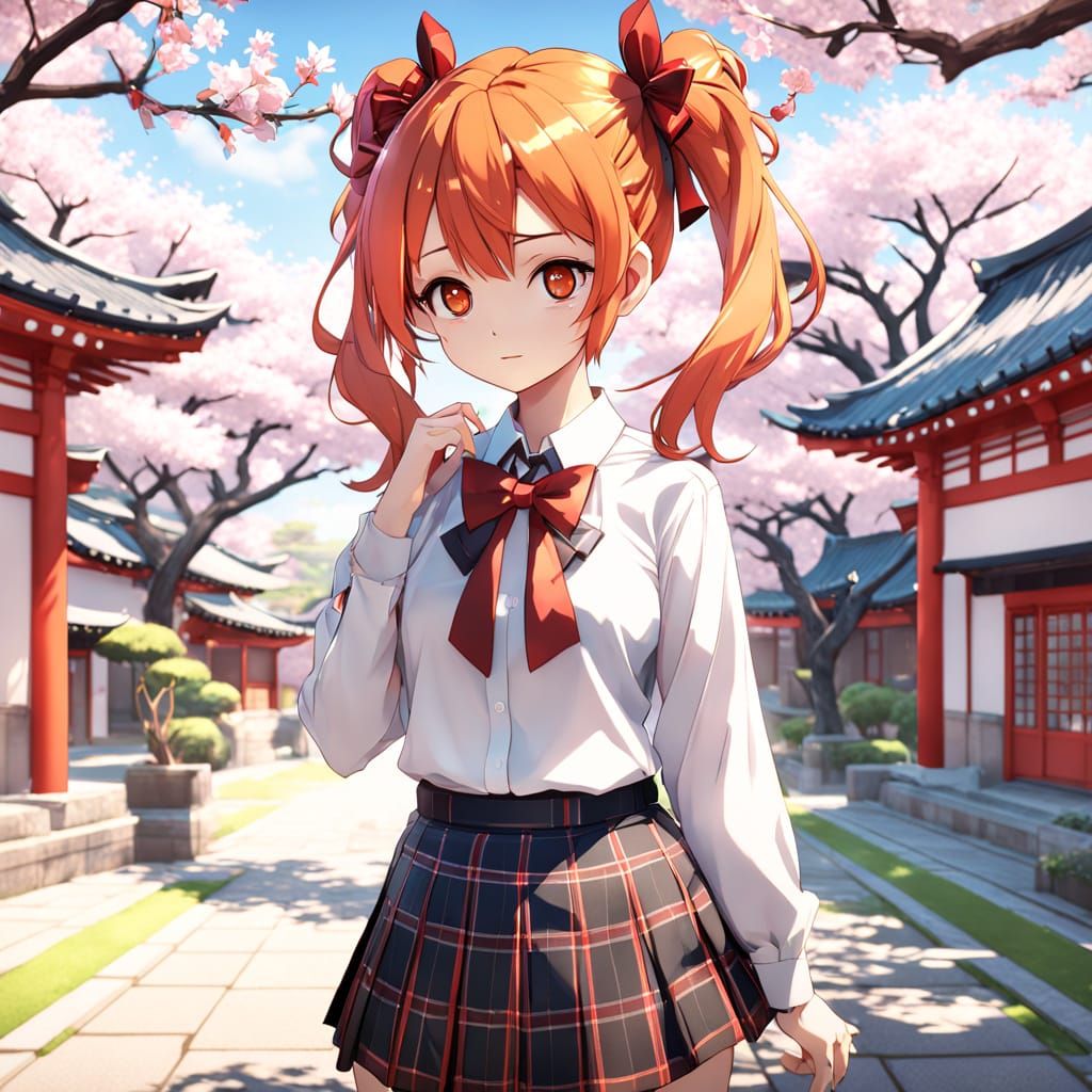 Charming Anime School Girl in Vibrant Japanese Courtyard