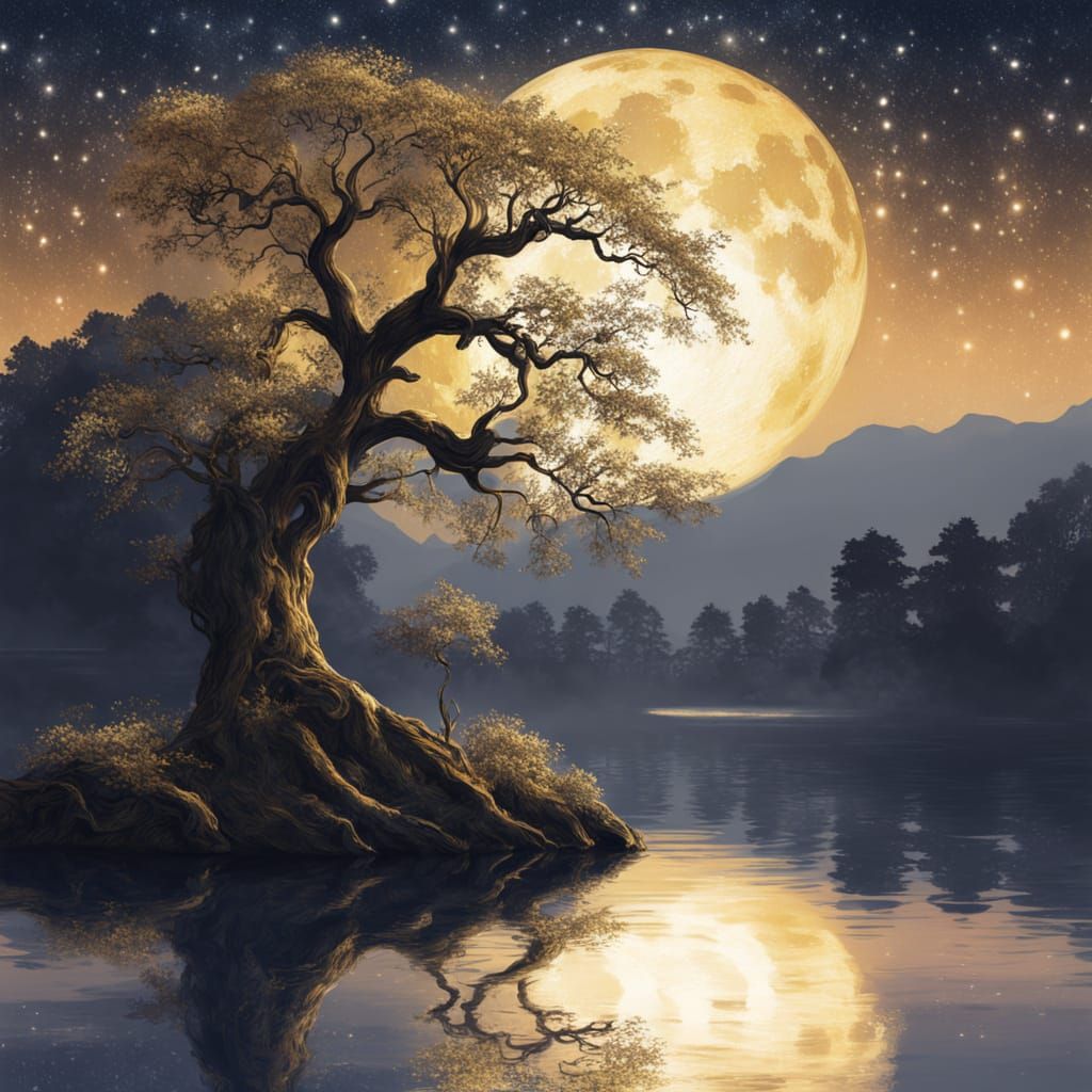 Magical Lake Under Full Moon with Golden Mist