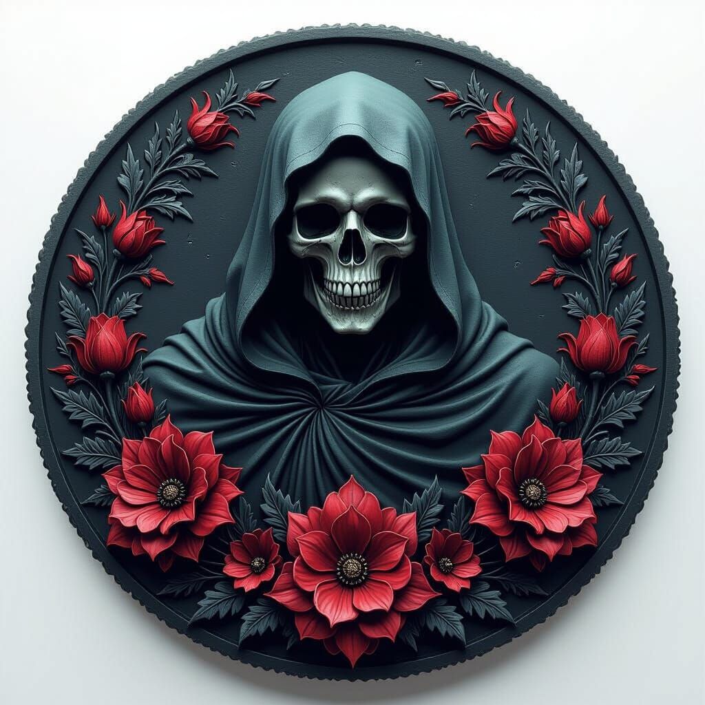 Grim Reaper Coin with Flowers in Matte Painting Style