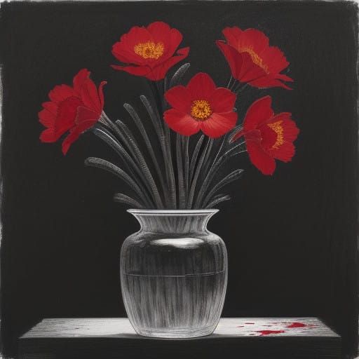 Bloody Narcissus Flowers in Charcoal Drawing
