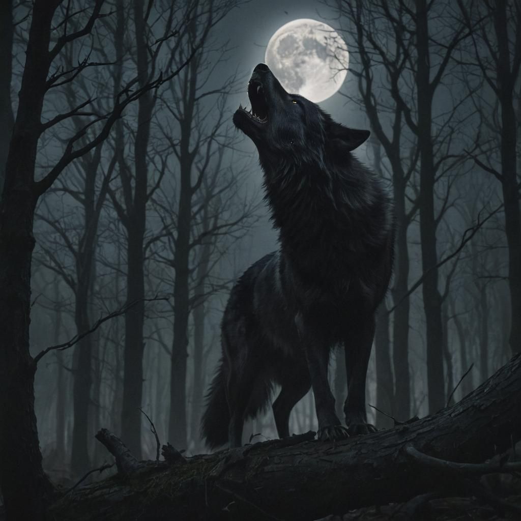 Black Wolf Howling in Dark Fantasy Forest