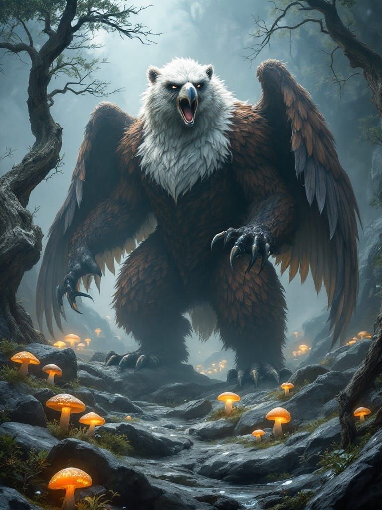 Majestic Eagle-Grizzly Chimaera in Primeval Landscape
