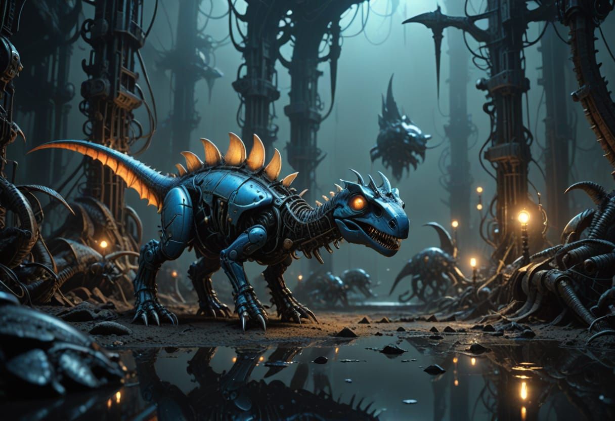 Gothic Biomechanical Dinosaur with Glowing Eyes