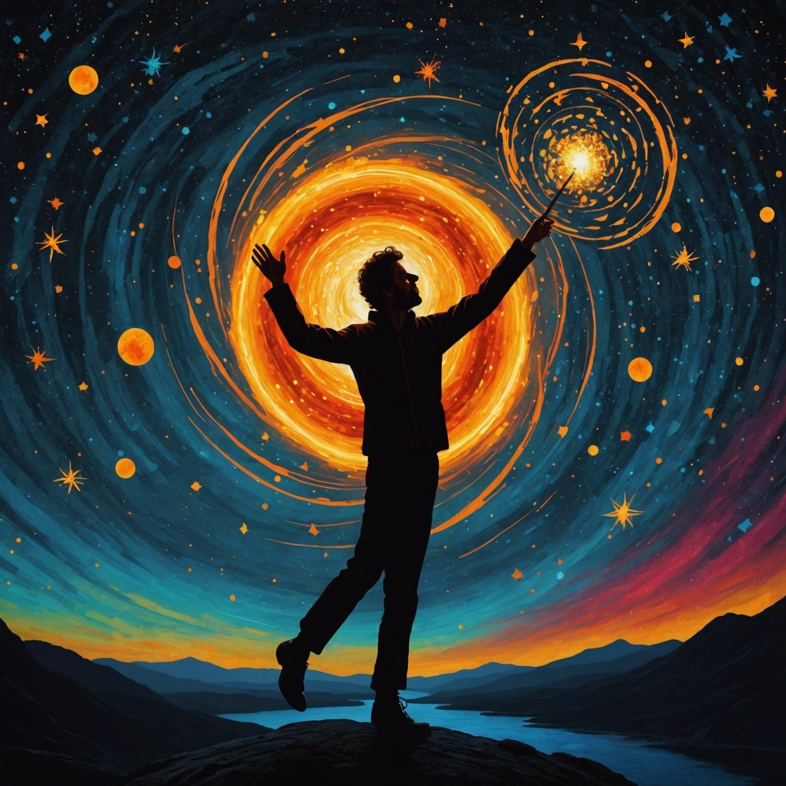 Cosmic Juggler Twirling Stars: Impasto Style